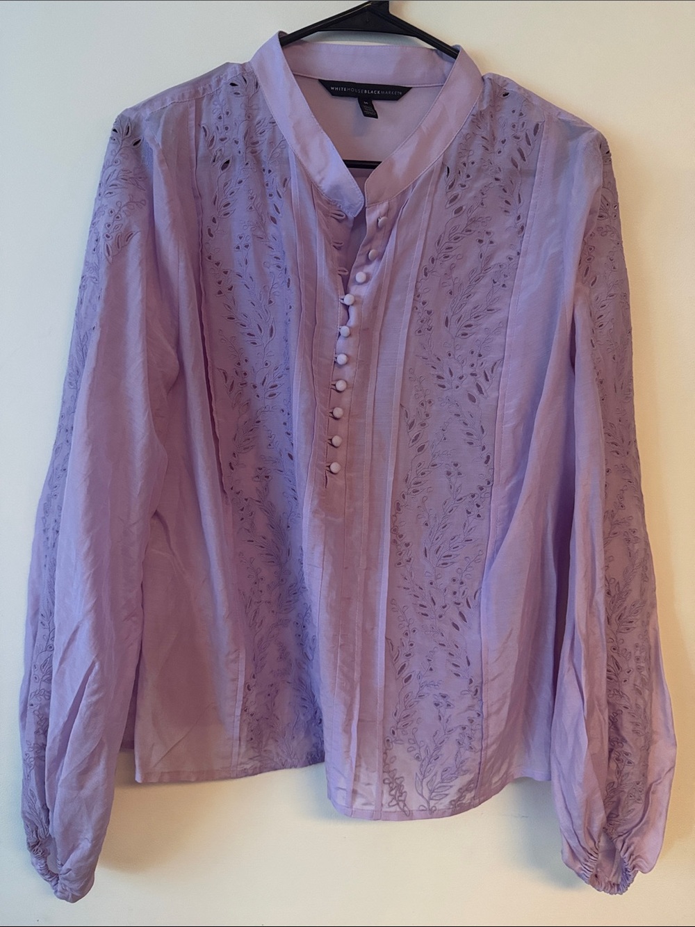White House Black Market Pale Lavender button up Collar Blouse with eyelet lace